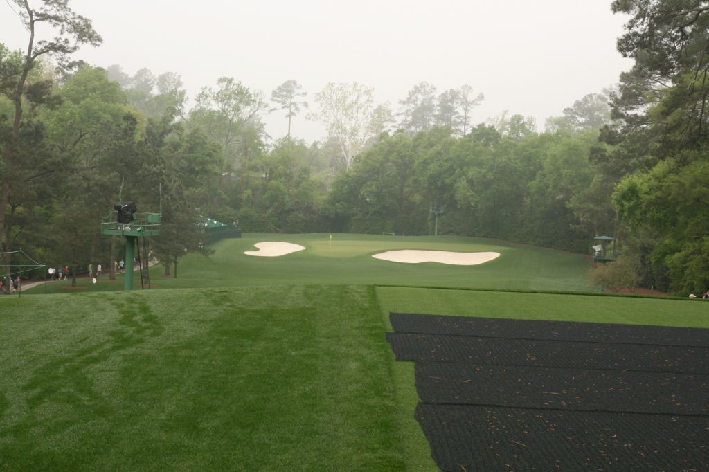 The early morning dew reveals the tracks of golfers fine tuning their game for the Masters.