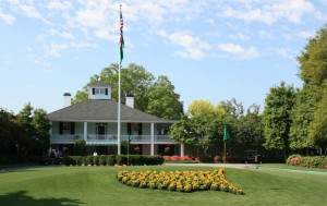 The famous Masters logo created by yellow pansies arranged in the shape of the United States.